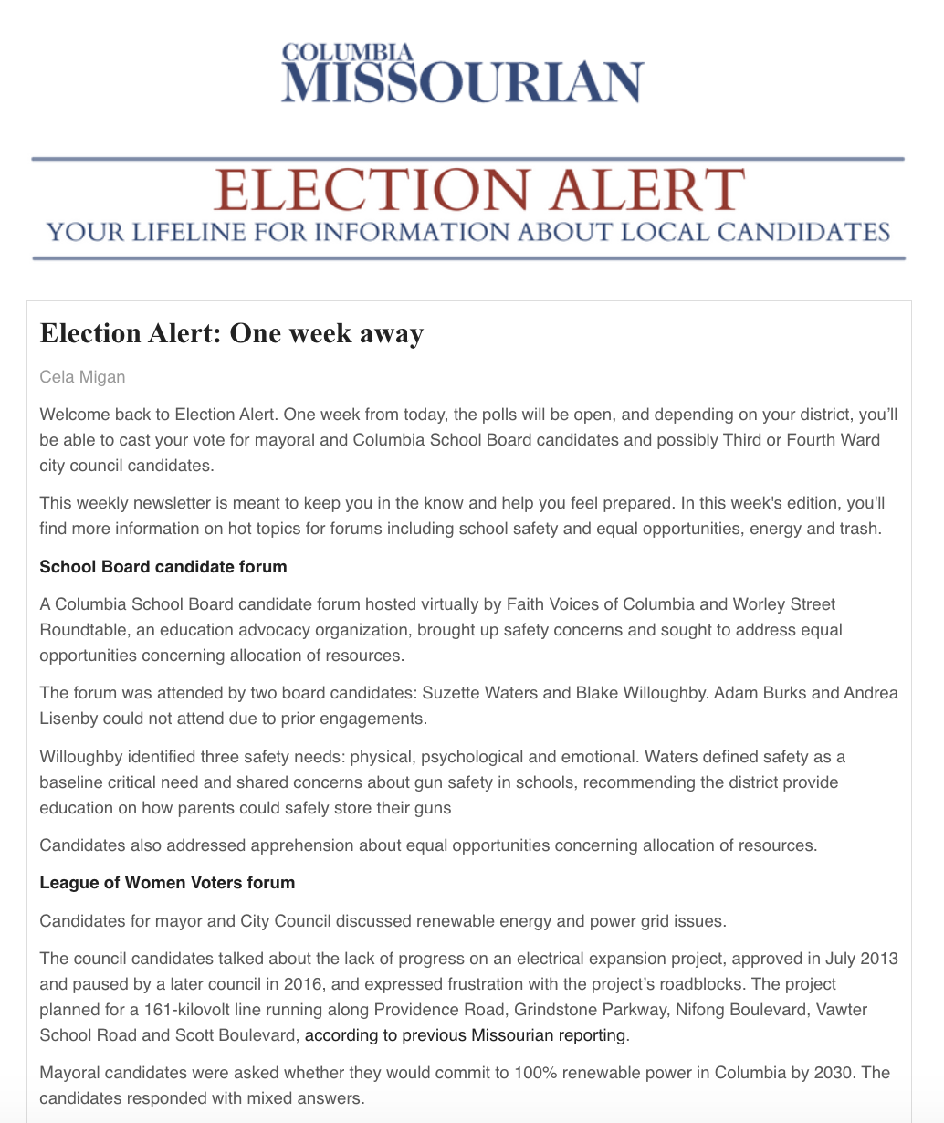 Screenshot of an email newsletter detailing information about an upcoming election with the title 'Election Alert: one week away'